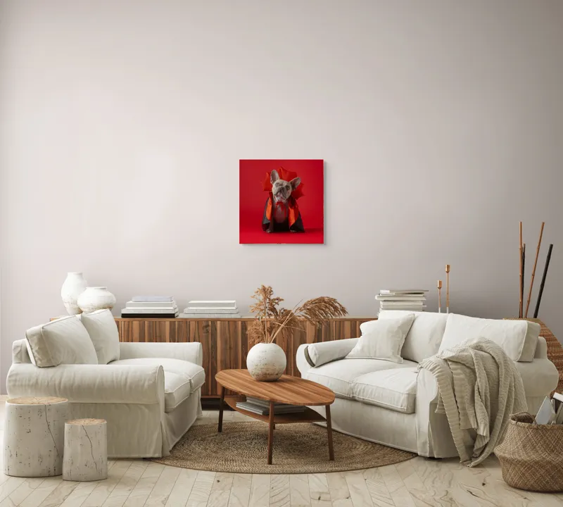 Tablou Canvas, "Bulldog gotic în mantie roșie", Scenă, Câine, Costum, Halloween, Fundal, Roșu, Pelerină, Aripi, Dracula, Drăgălaș., 50 x 50 cm – poza 7