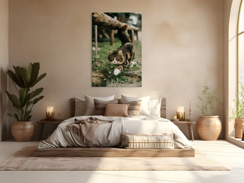 Tablou Canvas, "Motanul explorator în grădină verde", Felină, Blană, Verdeață, Natural, Eleganță, Curiozitate, Mustăți, Lăbuțe, Privire, Explorare, 100 x 150 cm – poza 3