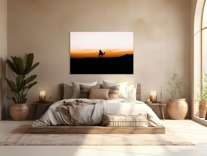 Tablou Canvas, "Călător în deșert la apus", Apus, Siluetă, Călător, Deșert, Cămilă, Orizont, Nisip, Cer, Umbre, Peisaj, 150 x 100 cm – poza 4
