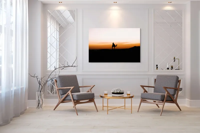 Tablou Canvas, "Călător în deșert la apus", Apus, Siluetă, Călător, Deșert, Cămilă, Orizont, Nisip, Cer, Umbre, Peisaj, 150 x 100 cm – poza 7