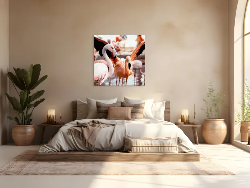 Tablou Canvas, "Flamingo gingaș în lumina apusului", Flamingo, Apă, Penaj, Roz, Grație, Reflecție, Grup, Lumină, Contrast, Natură, 100 x 100 cm – poza 4