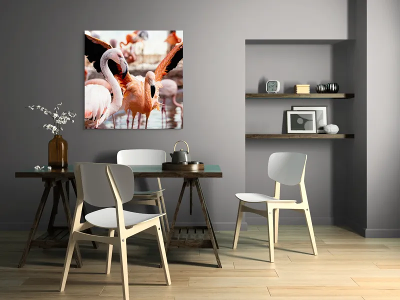Tablou Canvas, "Flamingo gingaș în lumina apusului", Flamingo, Apă, Penaj, Roz, Grație, Reflecție, Grup, Lumină, Contrast, Natură, 100 x 100 cm – poza 6