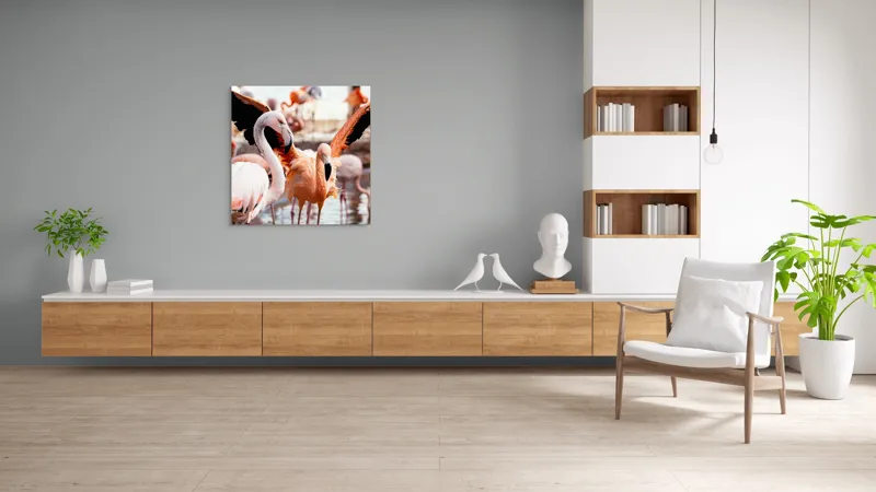 Tablou Canvas, "Flamingo gingaș în lumina apusului", Flamingo, Apă, Penaj, Roz, Grație, Reflecție, Grup, Lumină, Contrast, Natură, 100 x 100 cm – poza 8