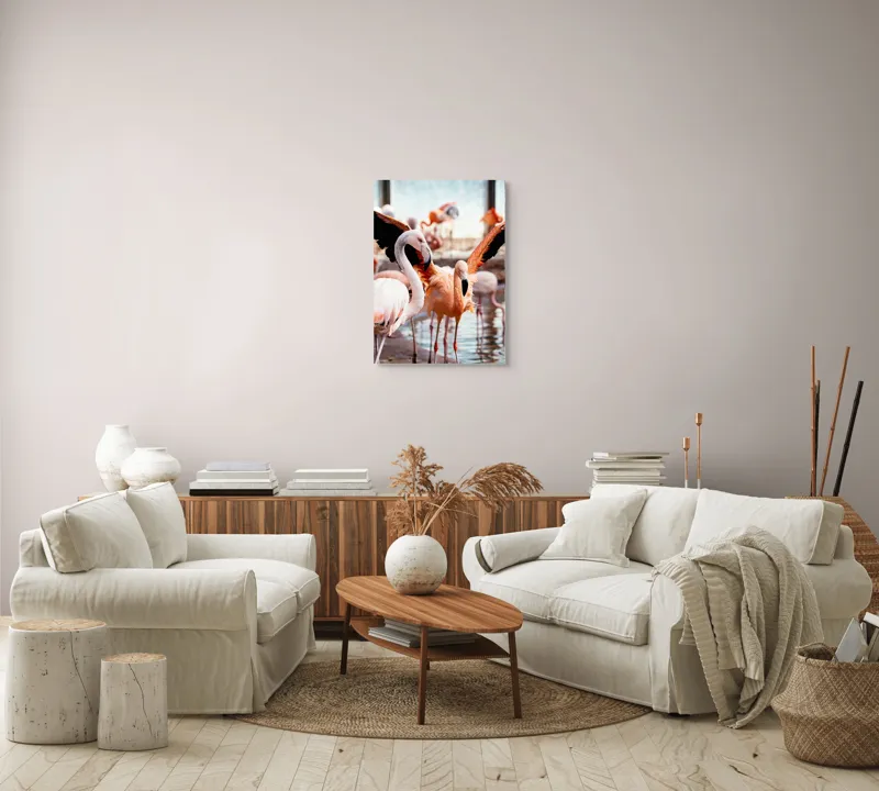 Tablou Canvas, "Flamingo gingaș în lumina apusului", Flamingo, Apă, Penaj, Roz, Grație, Reflecție, Grup, Lumină, Contrast, Natură, 50 x 70 cm – poza 4