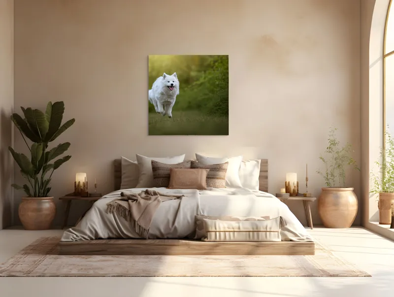 Tablou Canvas, "Bucuria alergării de dimineață", Zburdă, Pădure, Blană, Fericire, Căprioară, Verdeață, Primăvară, Viteza, 100 x 100 cm – poza 4