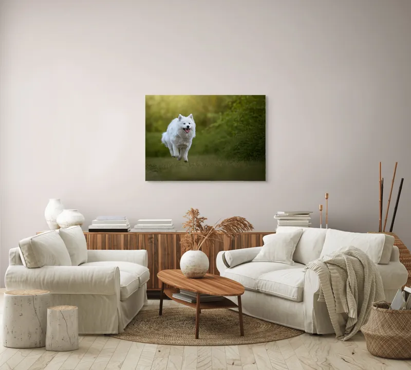 Tablou Canvas, "Bucuria alergării de dimineață", Zburdă, Pădure, Blană, Fericire, Căprioară, Verdeață, Primăvară, Viteza, 100 x 70 cm – poza 3