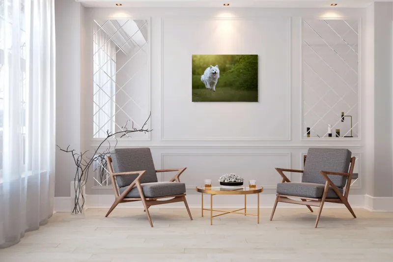 Tablou Canvas, "Bucuria alergării de dimineață", Zburdă, Pădure, Blană, Fericire, Căprioară, Verdeață, Primăvară, Viteza, 100 x 70 cm – poza 5