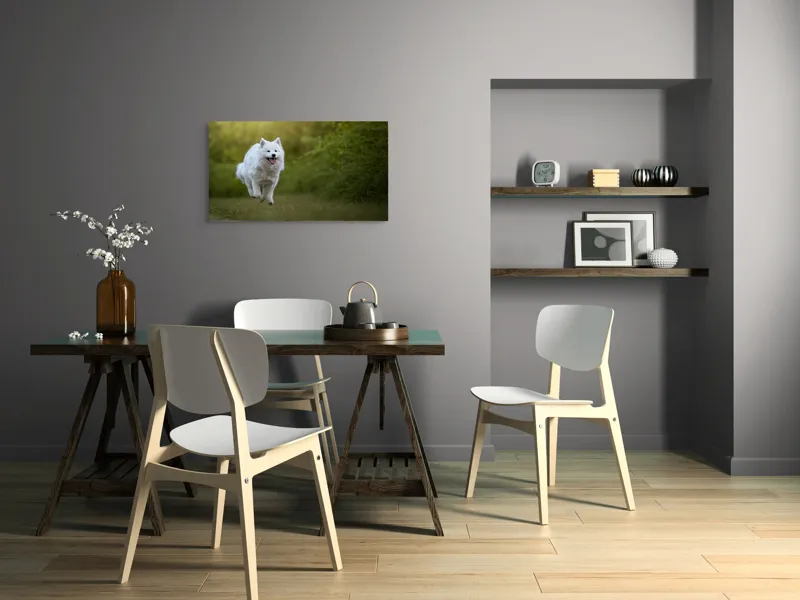 Tablou Canvas, "Bucuria alergării de dimineață", Zburdă, Pădure, Blană, Fericire, Căprioară, Verdeață, Primăvară, Viteza, 90 x 50 cm – poza 3