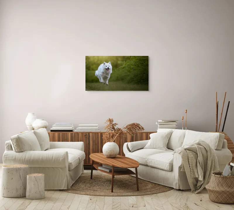Tablou Canvas, "Bucuria alergării de dimineață", Zburdă, Pădure, Blană, Fericire, Căprioară, Verdeață, Primăvară, Viteza, 90 x 50 cm – poza 4