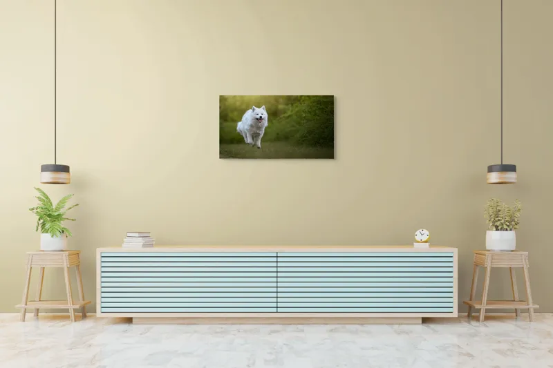 Tablou Canvas, "Bucuria alergării de dimineață", Zburdă, Pădure, Blană, Fericire, Căprioară, Verdeață, Primăvară, Viteza, 90 x 50 cm – poza 5