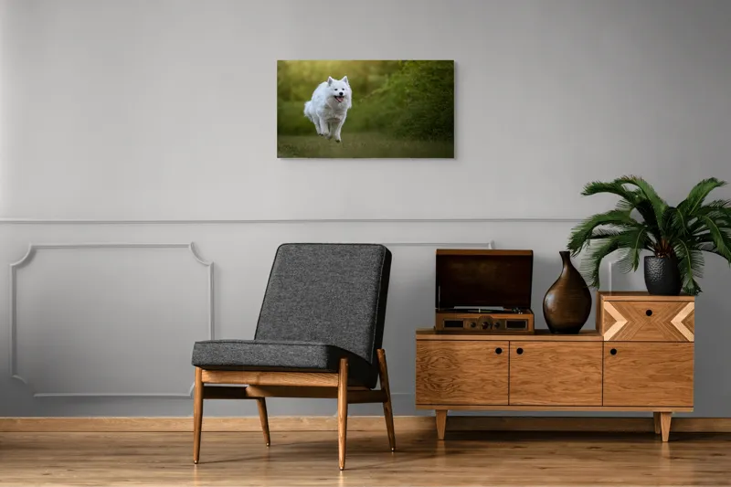Tablou Canvas, "Bucuria alergării de dimineață", Zburdă, Pădure, Blană, Fericire, Căprioară, Verdeață, Primăvară, Viteza, 90 x 50 cm – poza 6