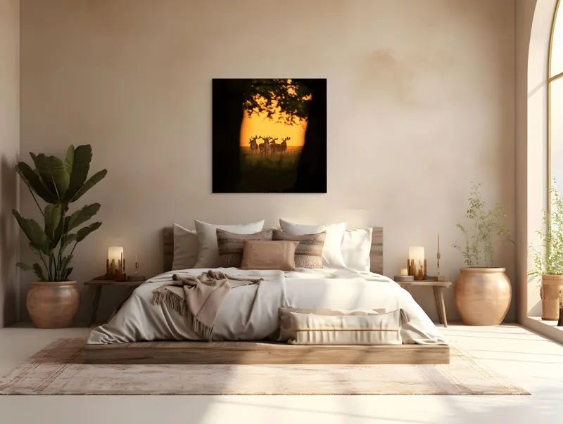 Tablou Canvas, "Cerbi în lumina apusului aurit", Cer, Cerbi, Apus, Siluetă, Natură, Lumină, Copaci, 100 x 100 cm – poza 4