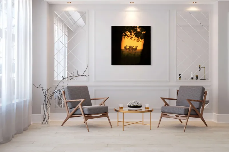 Tablou Canvas, "Cerbi în lumina apusului aurit", Cer, Cerbi, Apus, Siluetă, Natură, Lumină, Copaci, 100 x 100 cm – poza 7