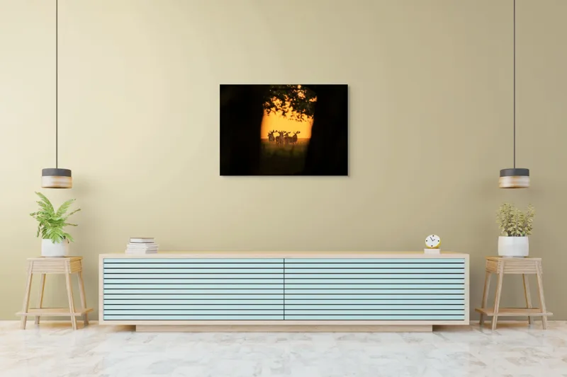 Tablou Canvas, "Cerbi în lumina apusului aurit", Cer, Cerbi, Apus, Siluetă, Natură, Lumină, Copaci, 100 x 70 cm – poza 4
