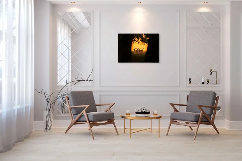 Tablou Canvas, "Cerbi în lumina apusului aurit", Cer, Cerbi, Apus, Siluetă, Natură, Lumină, Copaci, 100 x 70 cm – poza 5