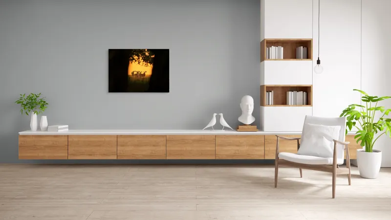 Tablou Canvas, "Cerbi în lumina apusului aurit", Cer, Cerbi, Apus, Siluetă, Natură, Lumină, Copaci, 100 x 70 cm – poza 6