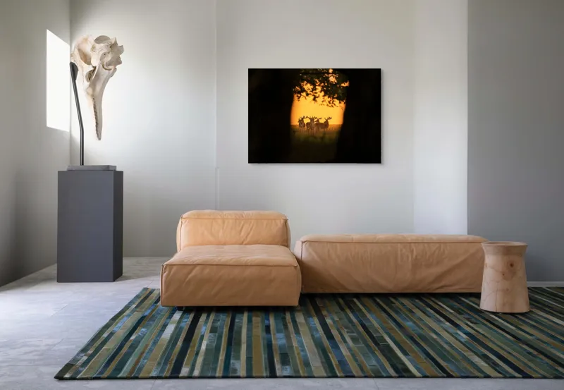 Tablou Canvas, "Cerbi în lumina apusului aurit", Cer, Cerbi, Apus, Siluetă, Natură, Lumină, Copaci, 100 x 70 cm – poza 7