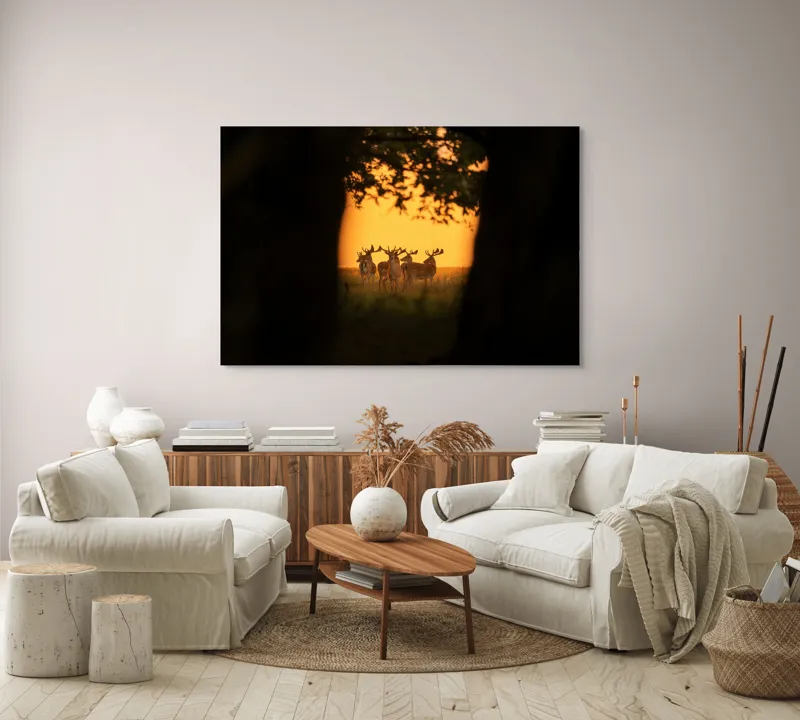 Tablou Canvas, "Cerbi în lumina apusului aurit", Cer, Cerbi, Apus, Siluetă, Natură, Lumină, Copaci, 150 x 100 cm – poza 3