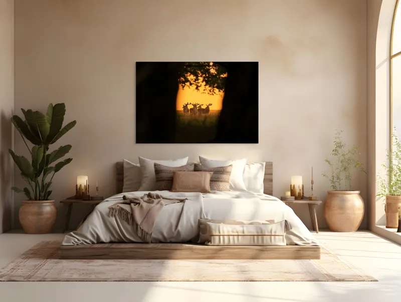 Tablou Canvas, "Cerbi în lumina apusului aurit", Cer, Cerbi, Apus, Siluetă, Natură, Lumină, Copaci, 150 x 100 cm – poza 4