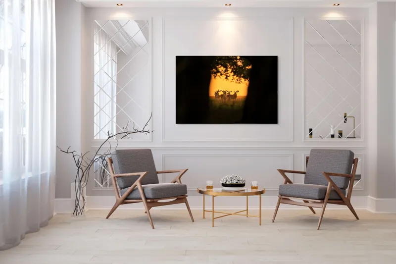 Tablou Canvas, "Cerbi în lumina apusului aurit", Cer, Cerbi, Apus, Siluetă, Natură, Lumină, Copaci, 150 x 100 cm – poza 7