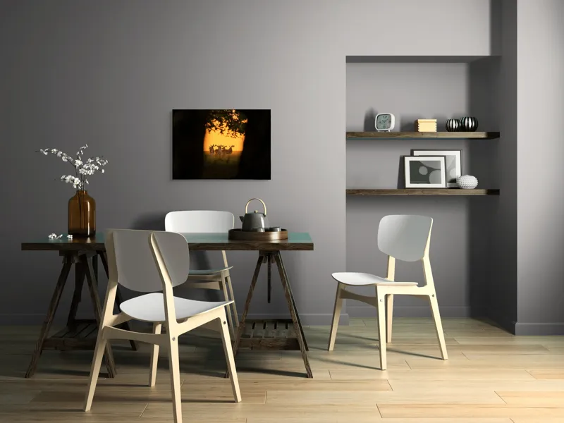 Tablou Canvas, "Cerbi în lumina apusului aurit", Cer, Cerbi, Apus, Siluetă, Natură, Lumină, Copaci, 70 x 50 cm – poza 5