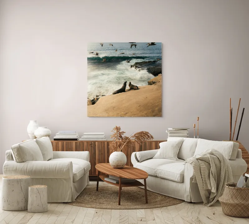Tablou Canvas, "Leii de mare și zborul pescărușilor", Lei, Valuri, Păsări, Apus, Natură, Coastă, 100 x 100 cm – poza 3