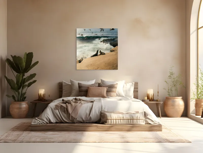 Tablou Canvas, "Leii de mare și zborul pescărușilor", Lei, Valuri, Păsări, Apus, Natură, Coastă, 100 x 100 cm – poza 4