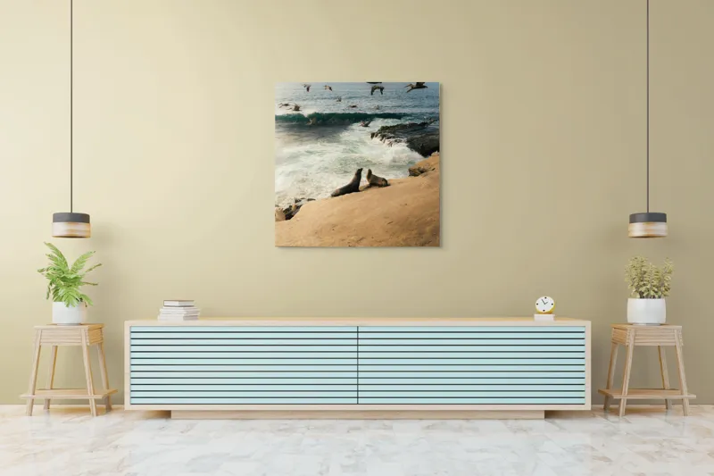 Tablou Canvas, "Leii de mare și zborul pescărușilor", Lei, Valuri, Păsări, Apus, Natură, Coastă, 100 x 100 cm – poza 5