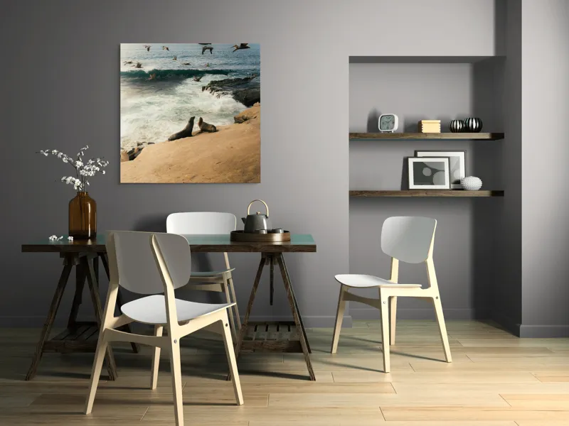 Tablou Canvas, "Leii de mare și zborul pescărușilor", Lei, Valuri, Păsări, Apus, Natură, Coastă, 100 x 100 cm – poza 6