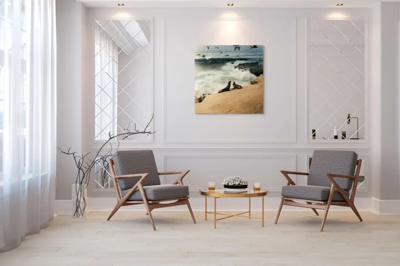 Tablou Canvas, "Leii de mare și zborul pescărușilor", Lei, Valuri, Păsări, Apus, Natură, Coastă, 100 x 100 cm – poza 7