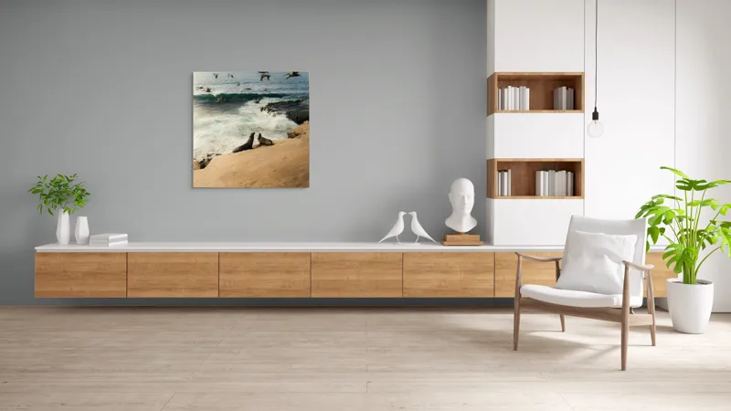 Tablou Canvas, "Leii de mare și zborul pescărușilor", Lei, Valuri, Păsări, Apus, Natură, Coastă, 100 x 100 cm – poza 8