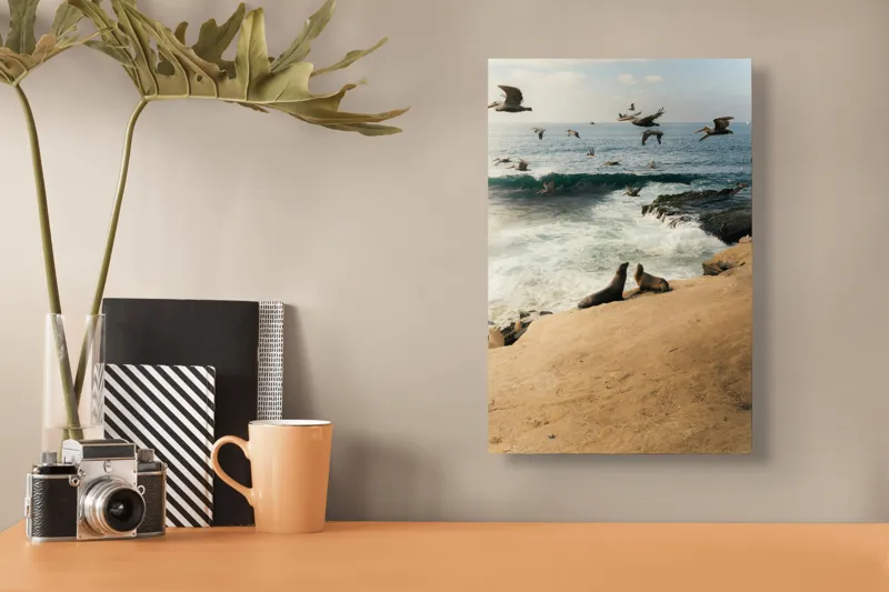 Tablou Canvas, "Leii de mare și zborul pescărușilor", Lei, Valuri, Păsări, Apus, Natură, Coastă, 26 x 39 cm – poza 3
