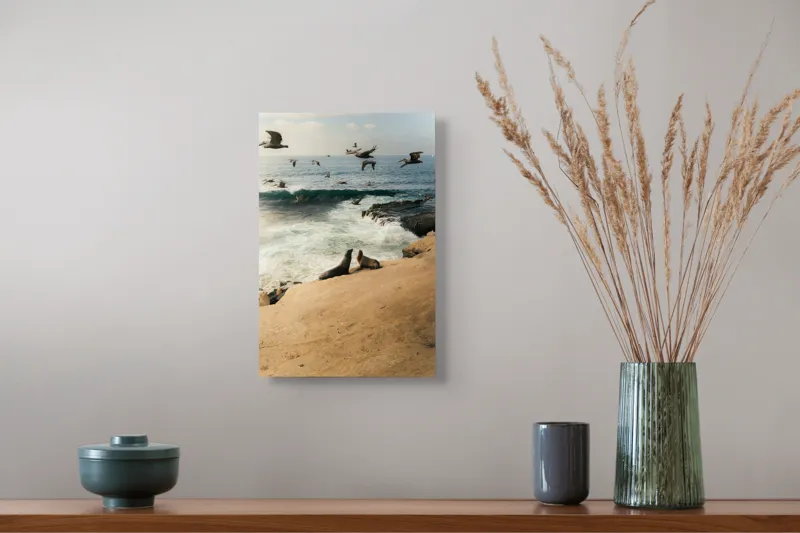Tablou Canvas, "Leii de mare și zborul pescărușilor", Lei, Valuri, Păsări, Apus, Natură, Coastă, 26 x 39 cm – poza 5
