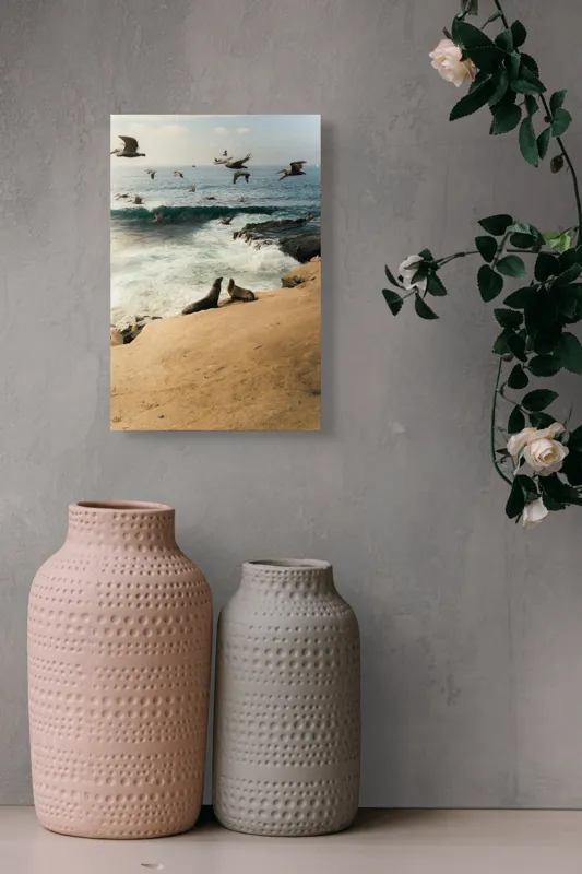 Tablou Canvas, "Leii de mare și zborul pescărușilor", Lei, Valuri, Păsări, Apus, Natură, Coastă, 26 x 39 cm – poza 6