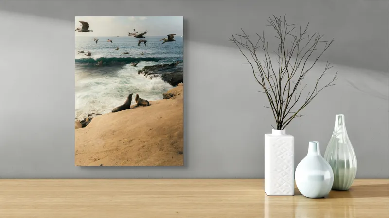 Tablou Canvas, "Leii de mare și zborul pescărușilor", Lei, Valuri, Păsări, Apus, Natură, Coastă, 39 x 54 cm – poza 4