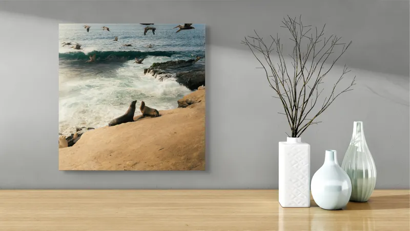 Tablou Canvas, "Leii de mare și zborul pescărușilor", Lei, Valuri, Păsări, Apus, Natură, Coastă, 50 x 50 cm – poza 3