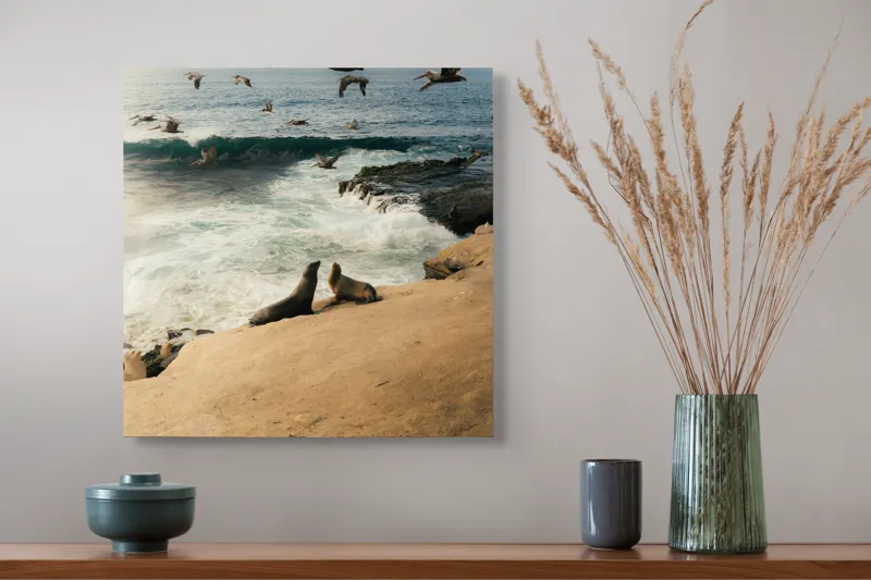 Tablou Canvas, "Leii de mare și zborul pescărușilor", Lei, Valuri, Păsări, Apus, Natură, Coastă, 50 x 50 cm – poza 4