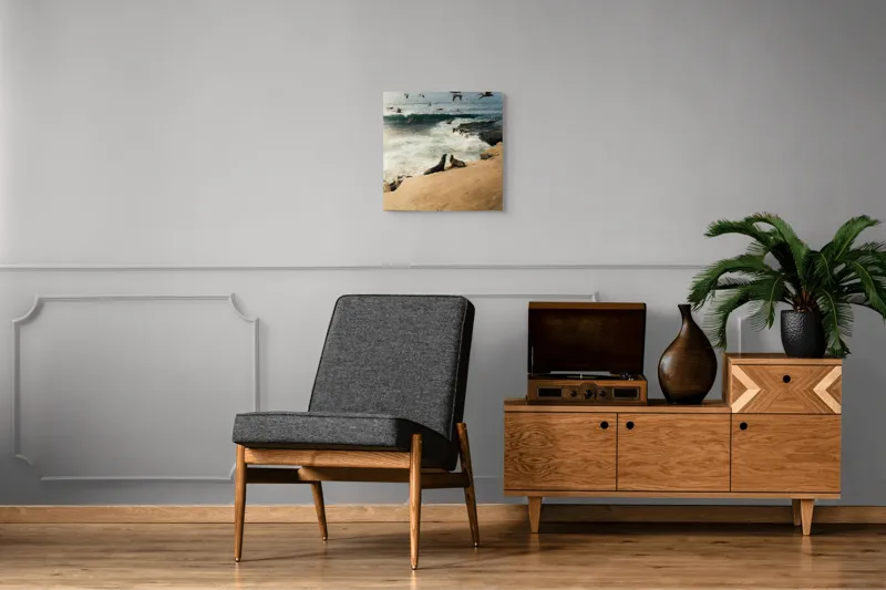 Tablou Canvas, "Leii de mare și zborul pescărușilor", Lei, Valuri, Păsări, Apus, Natură, Coastă, 50 x 50 cm – poza 6