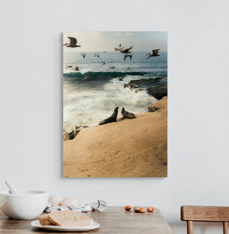 Tablou Canvas, "Leii de mare și zborul pescărușilor", Lei, Valuri, Păsări, Apus, Natură, Coastă, 50 x 70 cm – poza 3