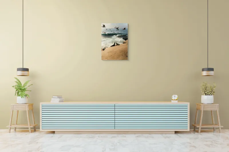 Tablou Canvas, "Leii de mare și zborul pescărușilor", Lei, Valuri, Păsări, Apus, Natură, Coastă, 50 x 70 cm – poza 6