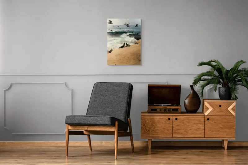 Tablou Canvas, "Leii de mare și zborul pescărușilor", Lei, Valuri, Păsări, Apus, Natură, Coastă, 50 x 70 cm – poza 8