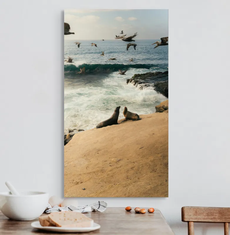 Tablou Canvas, "Leii de mare și zborul pescărușilor", Lei, Valuri, Păsări, Apus, Natură, Coastă, 50 x 90 cm – poza 3