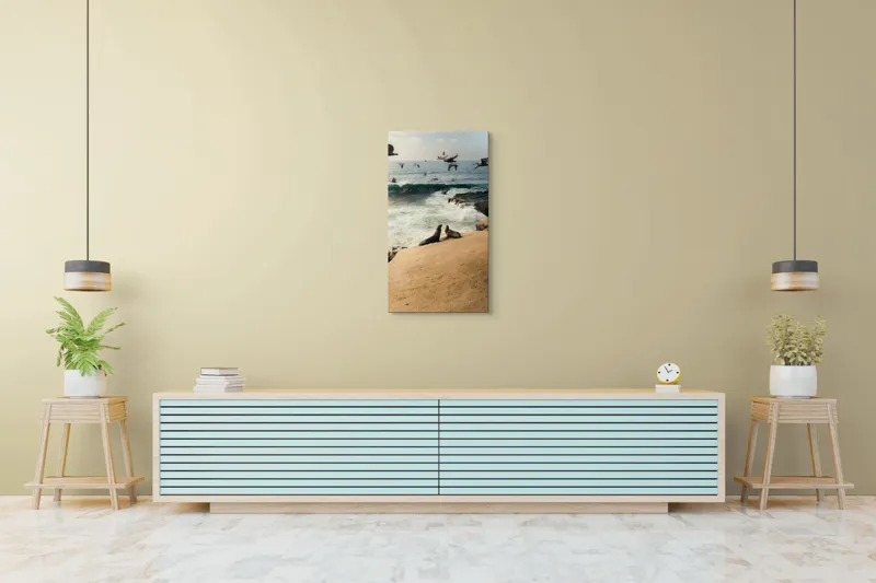 Tablou Canvas, "Leii de mare și zborul pescărușilor", Lei, Valuri, Păsări, Apus, Natură, Coastă, 50 x 90 cm – poza 6