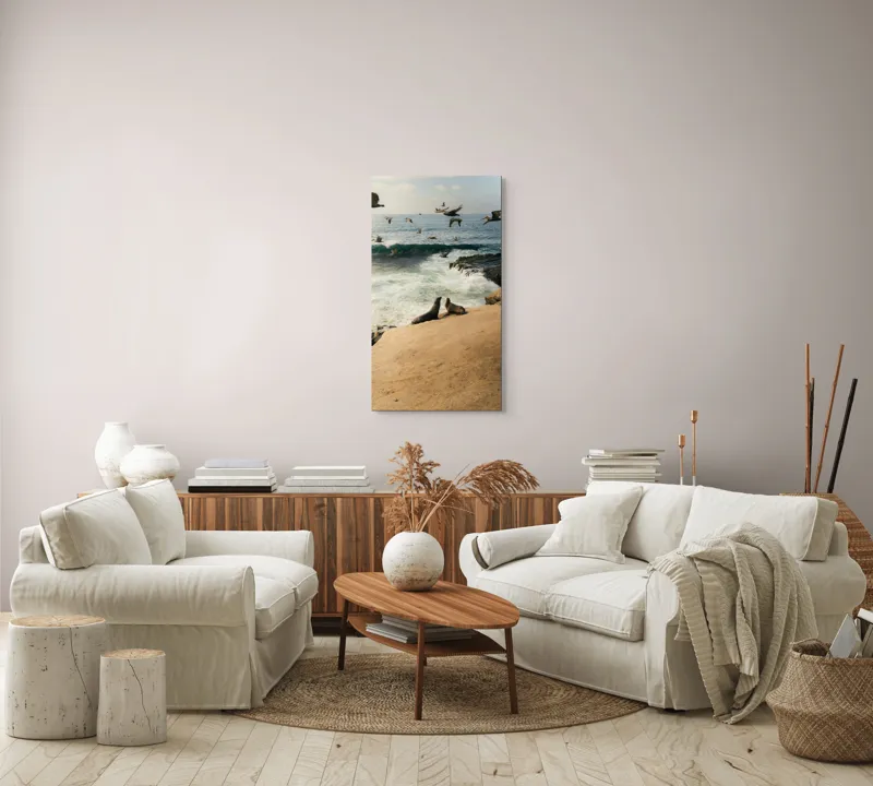 Tablou Canvas, "Leii de mare și zborul pescărușilor", Lei, Valuri, Păsări, Apus, Natură, Coastă, 50 x 90 cm – poza 7