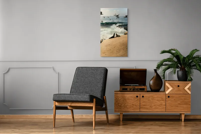 Tablou Canvas, "Leii de mare și zborul pescărușilor", Lei, Valuri, Păsări, Apus, Natură, Coastă, 50 x 90 cm – poza 8