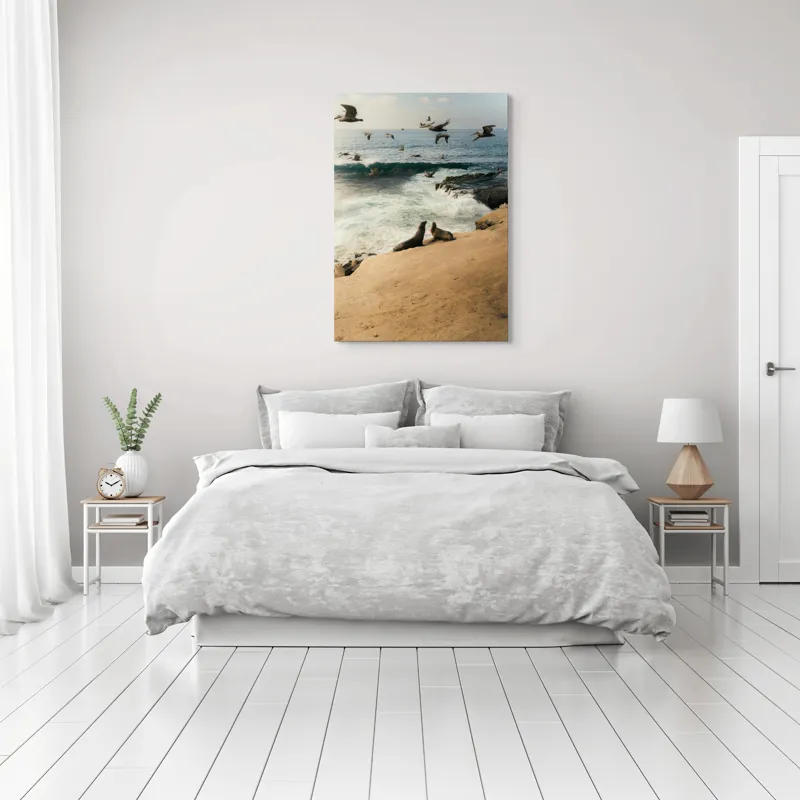 Tablou Canvas, "Leii de mare și zborul pescărușilor", Lei, Valuri, Păsări, Apus, Natură, Coastă, 70 x 100 cm – poza 3