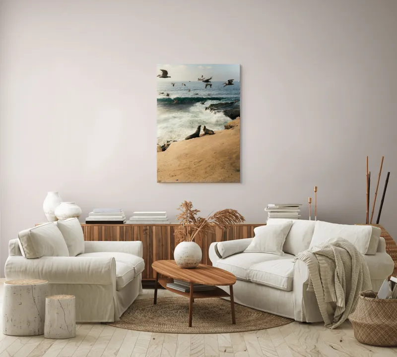 Tablou Canvas, "Leii de mare și zborul pescărușilor", Lei, Valuri, Păsări, Apus, Natură, Coastă, 70 x 100 cm – poza 4
