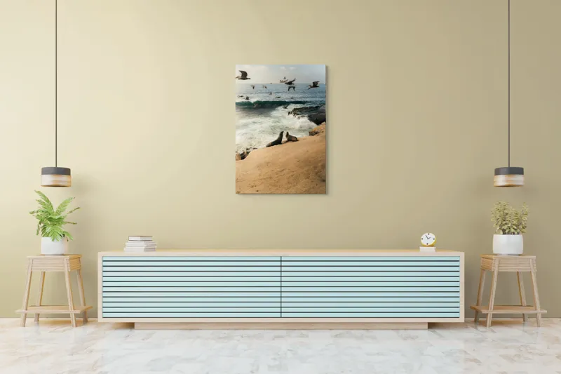 Tablou Canvas, "Leii de mare și zborul pescărușilor", Lei, Valuri, Păsări, Apus, Natură, Coastă, 70 x 100 cm – poza 5
