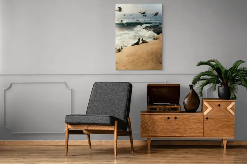 Tablou Canvas, "Leii de mare și zborul pescărușilor", Lei, Valuri, Păsări, Apus, Natură, Coastă, 70 x 100 cm – poza 6