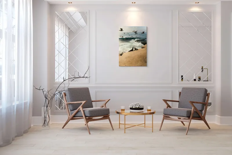 Tablou Canvas, "Leii de mare și zborul pescărușilor", Lei, Valuri, Păsări, Apus, Natură, Coastă, 70 x 100 cm – poza 8
